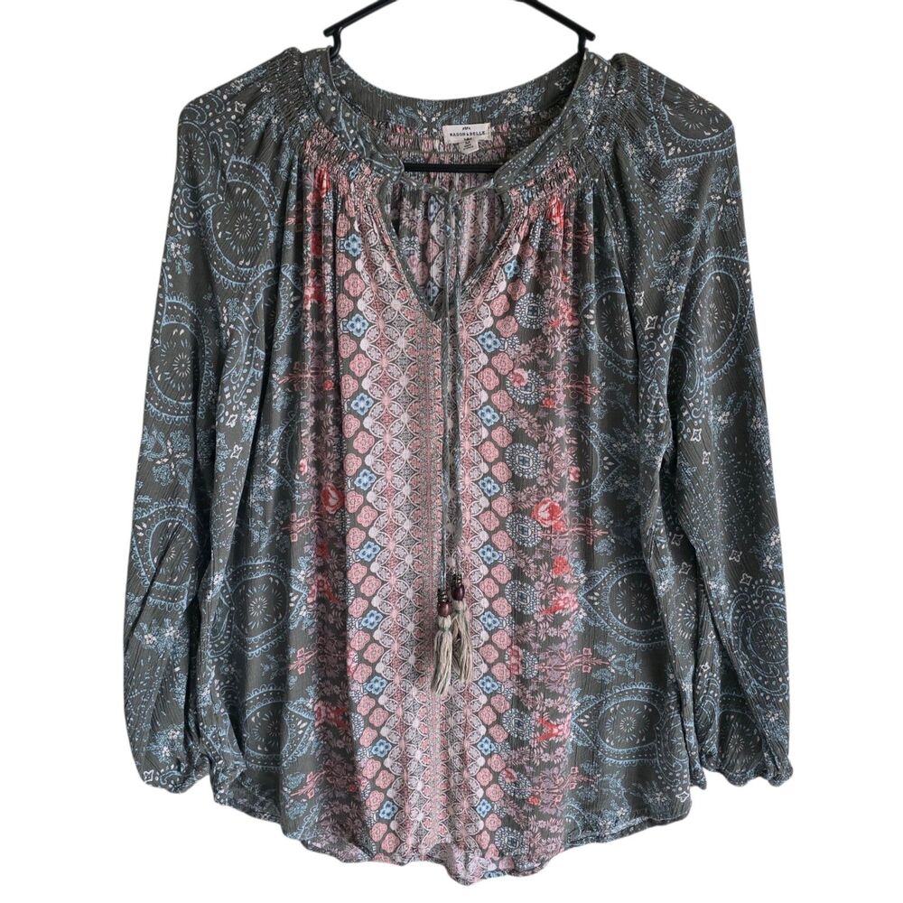 Mason & Belle Boho Peasant Blouse Tassel Tie Womens M Long Sleeve